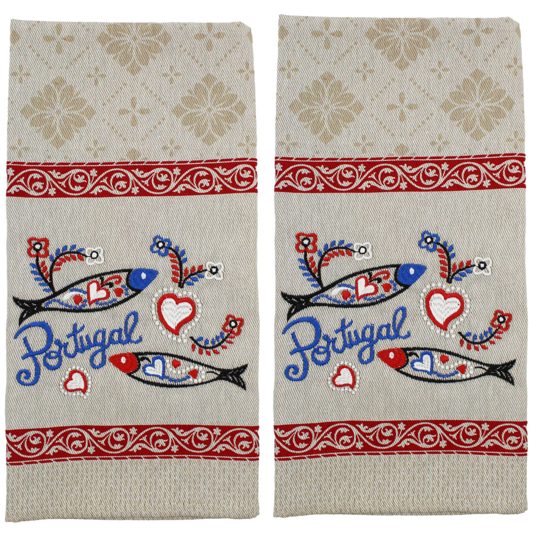 Traditional Portuguese Sardine Red & Beige Cotton Kitchen Dish Towel, Set of 2