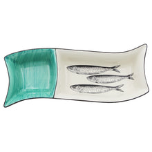 Load image into Gallery viewer, Portuguese Ceramic Divided Serving Dish with Sardine Design and Green Accent
