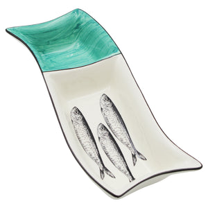 Portuguese Ceramic Divided Serving Dish with Sardine Design and Green Accent