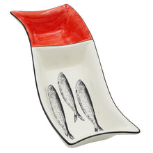 Load image into Gallery viewer, Portuguese Ceramic Divided Serving Dish with Sardine Design and Red Accent
