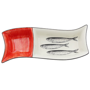 Portuguese Ceramic Divided Serving Dish with Sardine Design and Red Accent