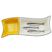 Load image into Gallery viewer, Portuguese Ceramic Divided Serving Dish with Sardine Design and Yellow Accent
