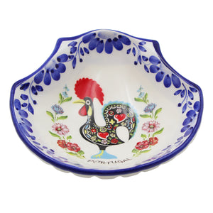 Portuguese Ceramic Sea Shell Dish with Rooster and Hand-Painted Floral Design