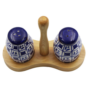 Hand-Painted Portuguese Pottery Clay Terracotta Blue Salt & Pepper Shaker Set