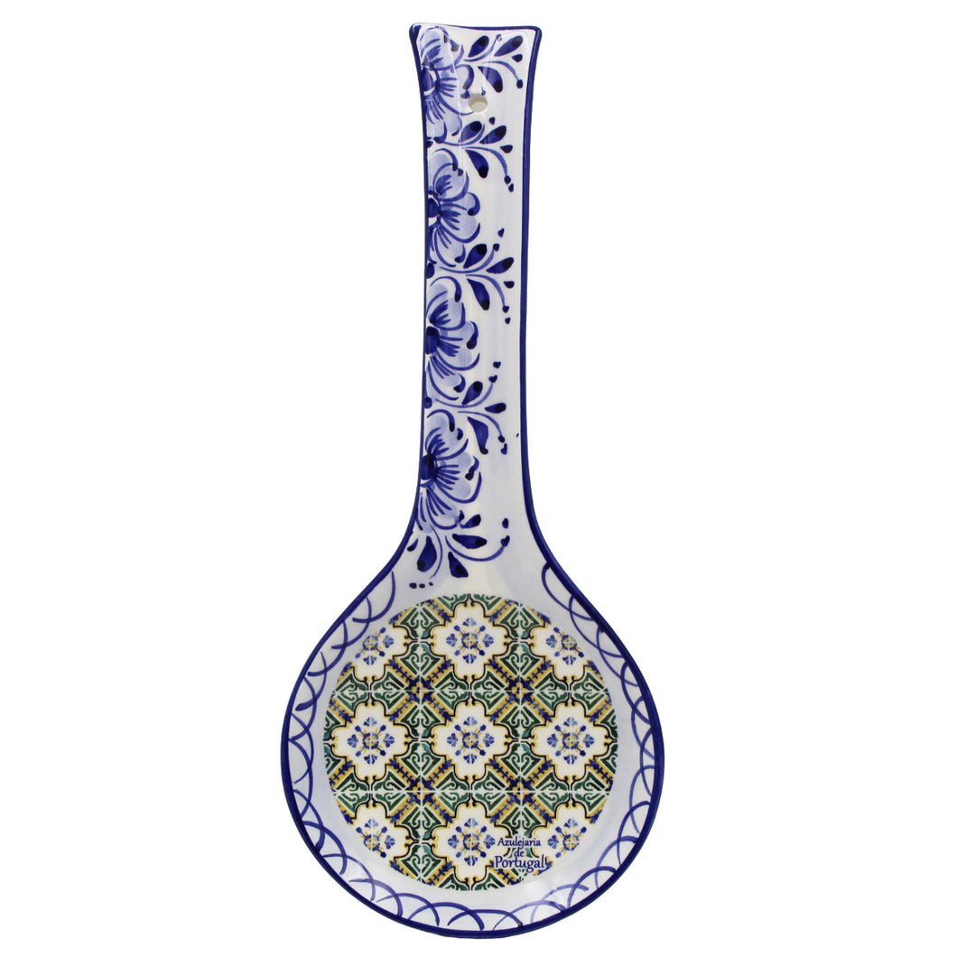 Traditional Tile Azulejo Yellow & Green Ceramic Spoon Rest Utensil Holder, Tavira