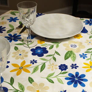 100% Cotton Tablecloth with Blue, Yellow, and Beige Floral Pattern – Made in Portugal