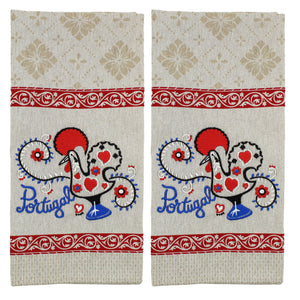 Traditional Portuguese Good Luck Rooster Red & Beige Cotton Kitchen Dish Towel, Set of 2