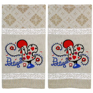 Traditional Portuguese Good Luck Rooster White & Beige Cotton Kitchen Dish Towel, Set of 2