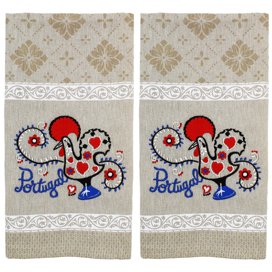 Traditional Portuguese Good Luck Rooster White & Beige Cotton Kitchen Dish Towel, Set of 2