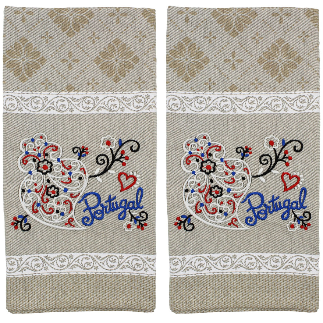 Traditional Portuguese Viana Heart White & Beige Cotton Kitchen Dish Towel, Set of 2