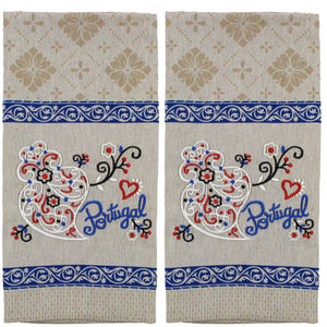 Traditional Portuguese Viana Heart Blue & Beige Cotton Kitchen Dish Towel, Set of 2