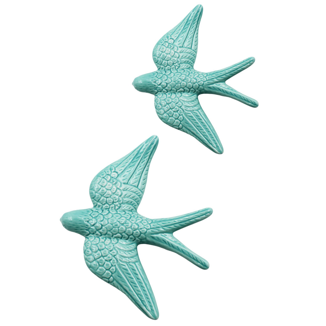 Traditional Light Blue Hand-Painted Ceramic Decorative Swallow, Set of 2