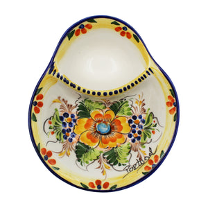 Large Traditional Hand-Painted Yellow Floral Olive Dish with Pit Holder