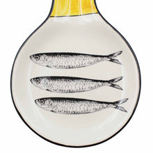 Load image into Gallery viewer, Portuguese Ceramic Spoon Rest with Sardine Design - Yellow Handle
