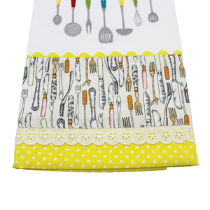 100% Cotton Decorative Kitchen Dish Towel with Border - Made in Portugal - Cutlery Yellow