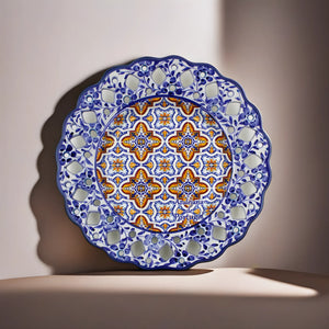 Hand-Painted Traditional Floral Blue and Orange Tile Azulejo 11" Decorative Plate