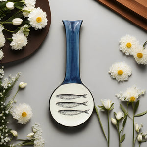 Traditional Blue and White Ceramic Sardine Spoon Rest, Utensil Holder