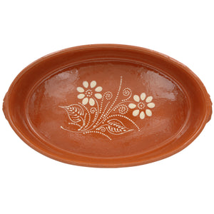 Traditional Portuguese Clay Terracotta Hand-Painted Oval Roaster, Roasting Pan