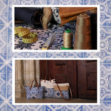 Load image into Gallery viewer, Praceta Lisboa Yellow Canvas Tote Bag with Blue Azulejo Tile Design and Leather Straps
