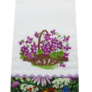 100% Cotton Decorative Kitchen Dish Towel with Border - Made in Portugal - Purple Flowers