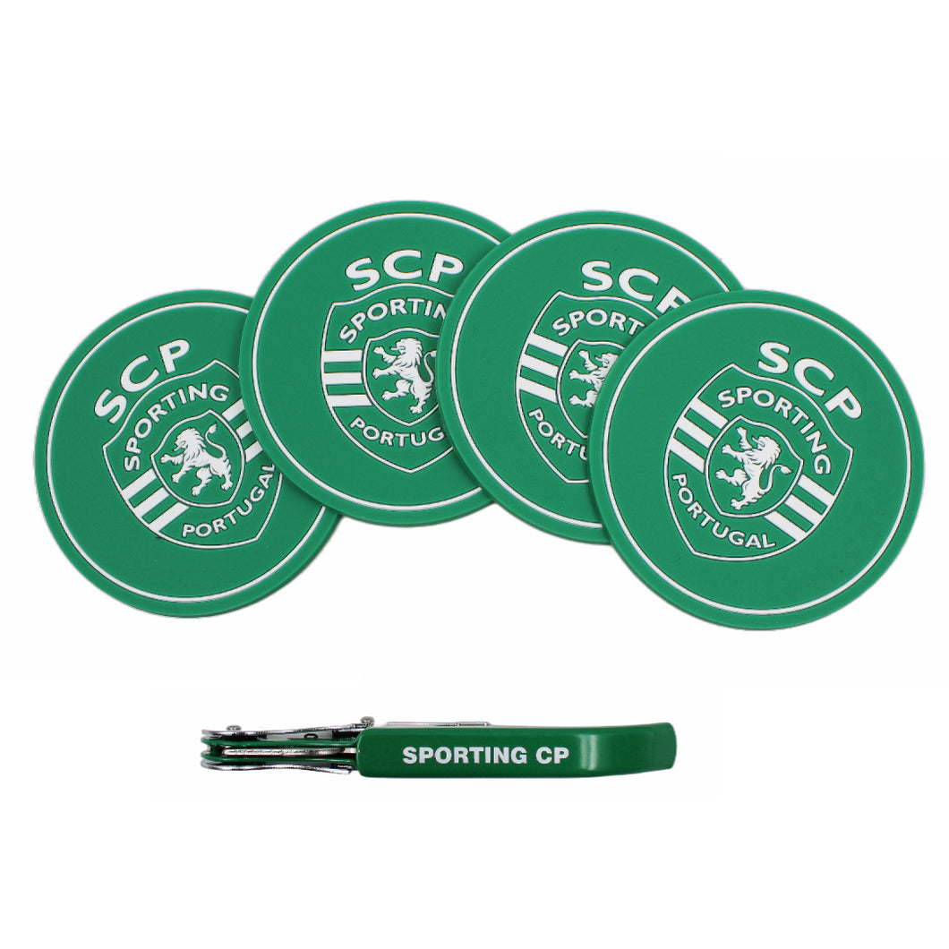 Sporting CP SCP Portuguese Soccer Silicone Drinkware 4 Coasters and Corkscrew Set