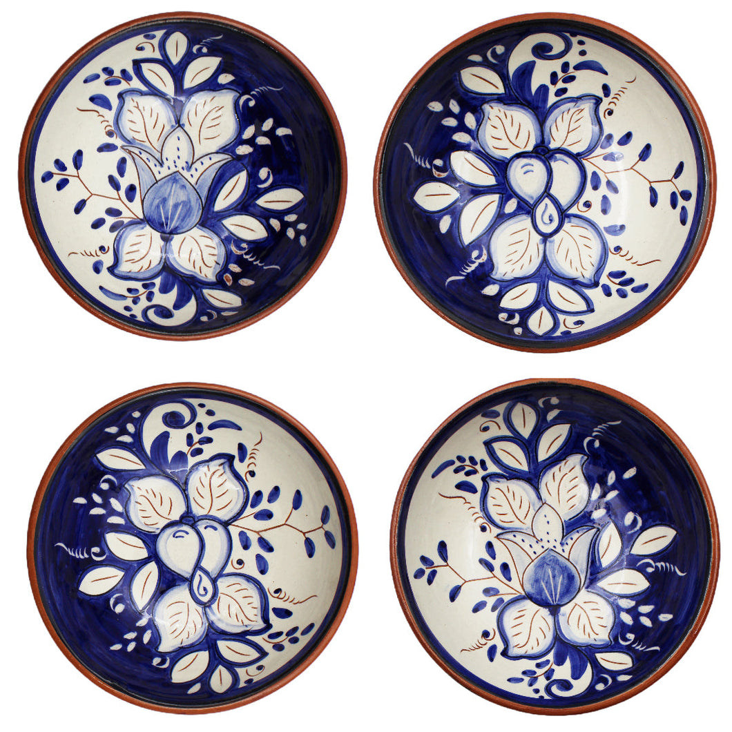 Hand-Painted Portuguese Pottery Clay Terracotta Blue Floral Snack Bowl Set