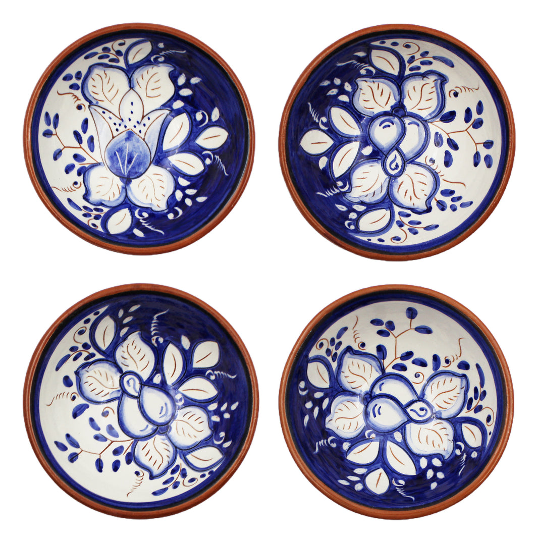 Hand-Painted Portuguese Pottery Clay Terracotta Blue Floral Sauce Bowl Set