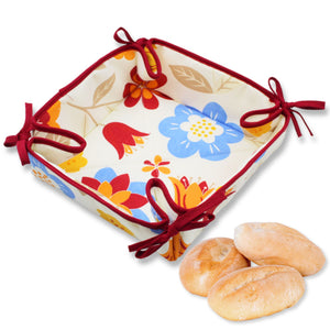 Floral Cotton Bread Basket with Red Ties, 100% Cotton