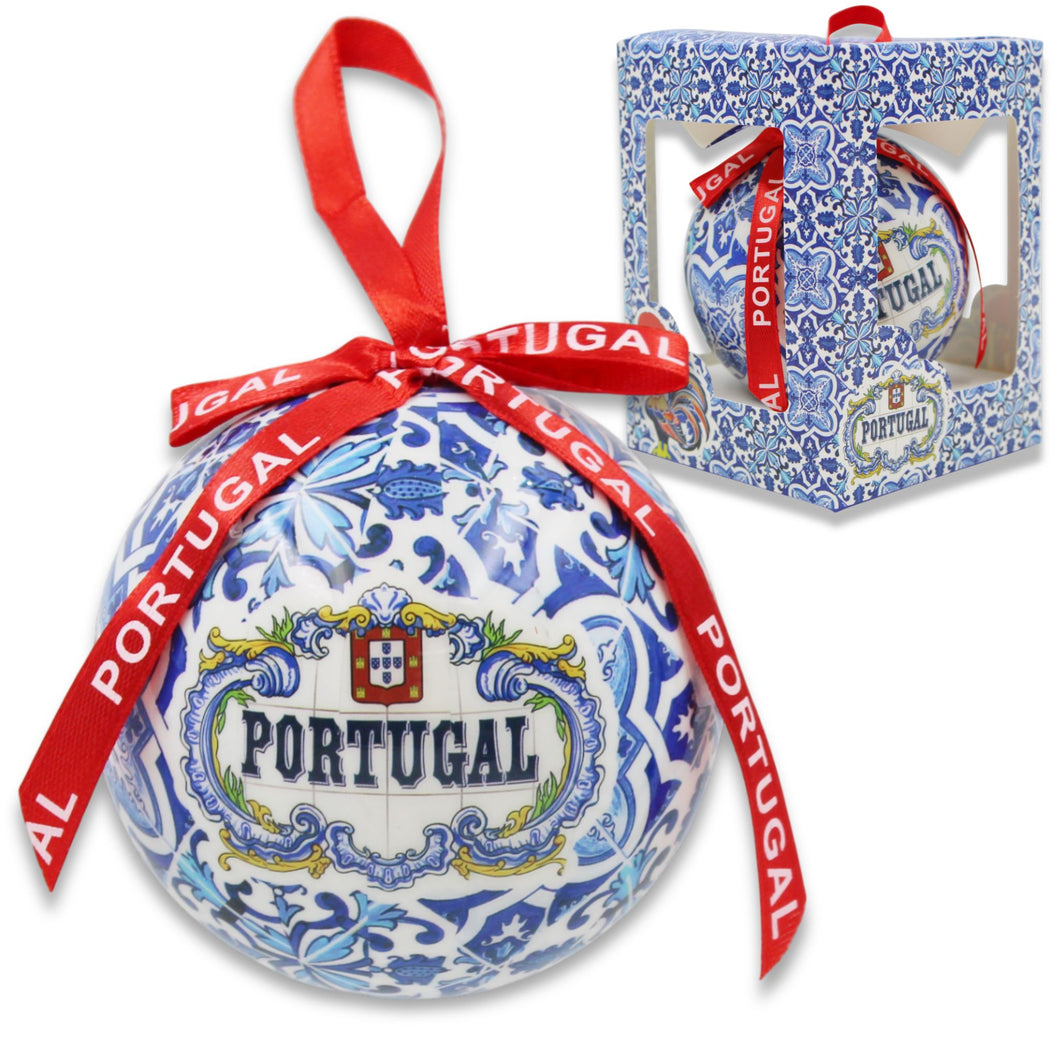 Portugal Christmas Ornament with Blue Azulejo-Style Design and Red Portugal Ribbon