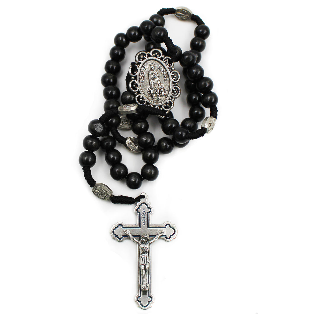 Our Lady of Fatima Black Wood Shiny Beads Rosary