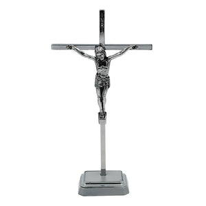 8.5" Metallic Altar Chrome Crucifix With Stand