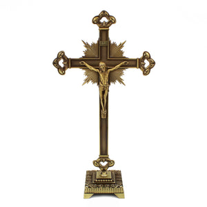 15" Metallic Altar Large Gold Crucifix with Stand