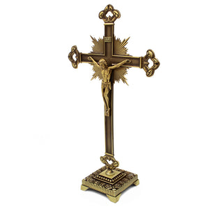 15" Metallic Altar Large Gold Crucifix with Stand