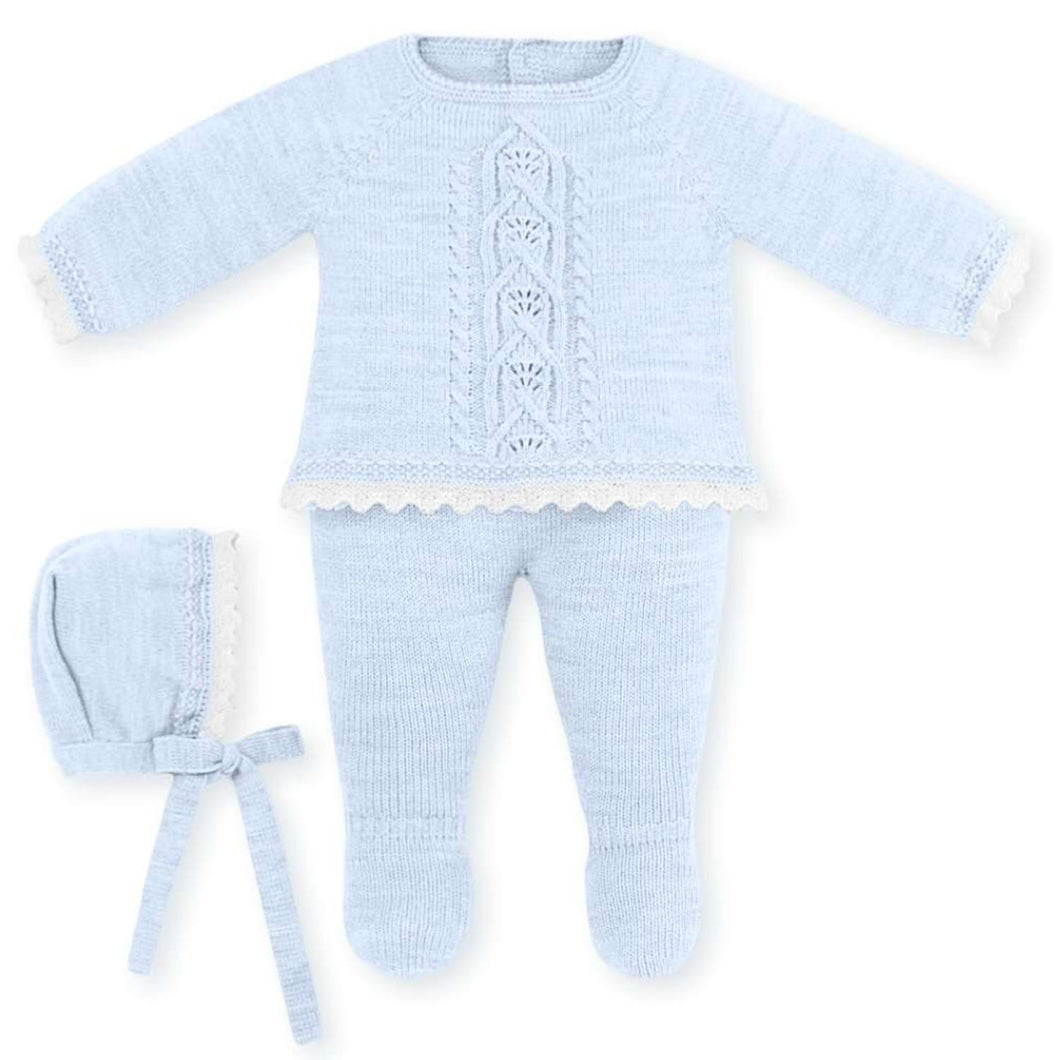 Mac Ilusión Made in Spain Baby Light Blue Shirt, Footed Pants and Beanie 3-Piece Set