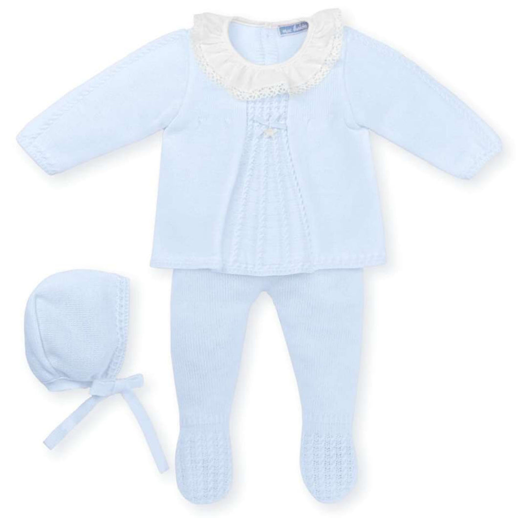 Mac Ilusión Made in Spain Baby Blue Shirt, Footed Pants and Beanie 3-Piece Set