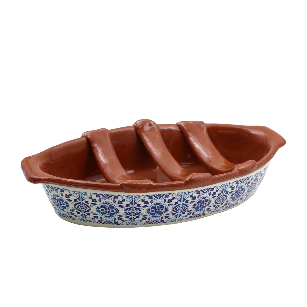 Portuguese Clay Terracotta Sausage Roaster with Blue Tile Design