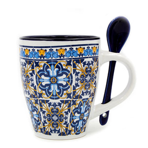 Portuguese Ceramic Coffee Mug With Spoon, Souvenir From Portugal