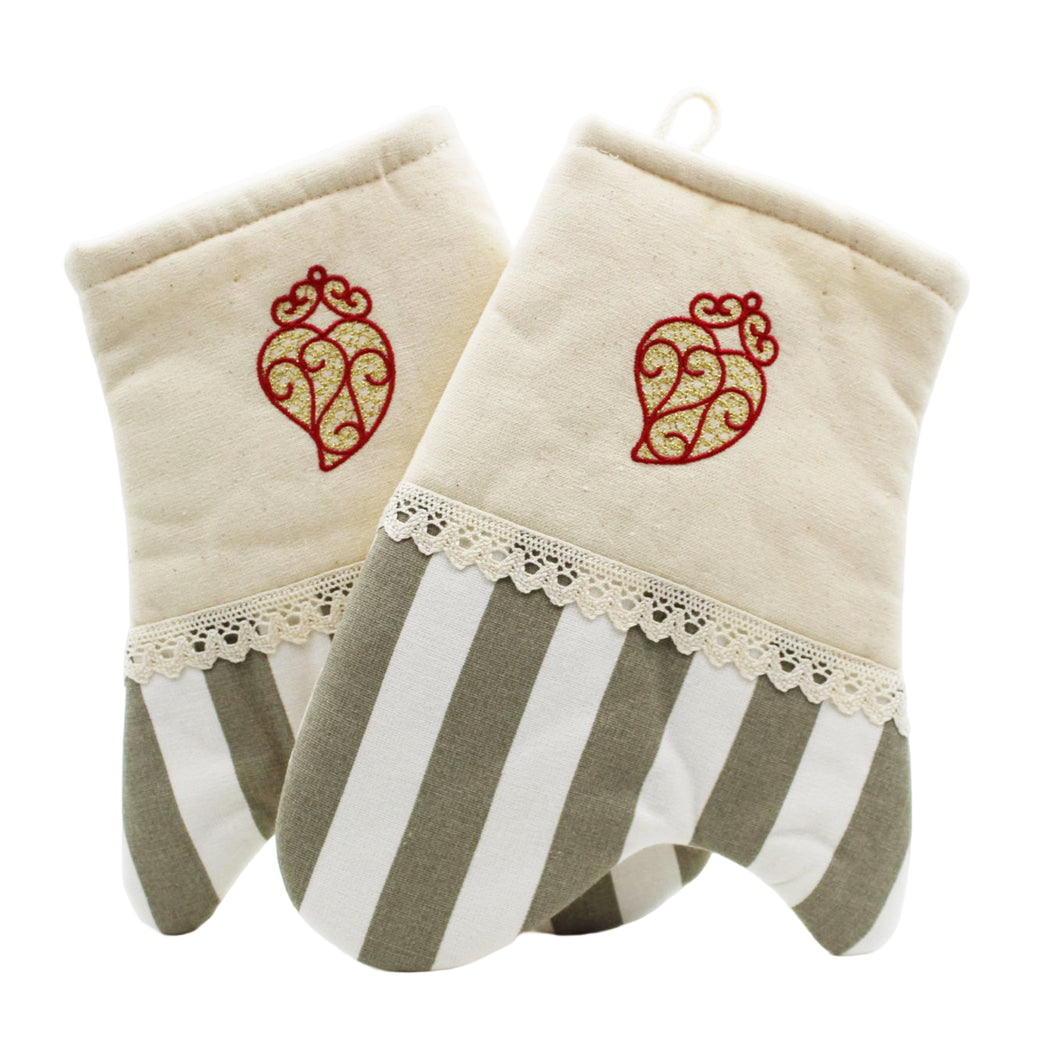 100% Cotton Viana Red Gold Heart Oven Mitts Kitchen Set