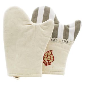 100% Cotton Viana Red Gold Heart Oven Mitts Kitchen Set