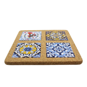 Portugal Good Luck Rooster and Tile Azulejo Themed Natural Cork Trivet