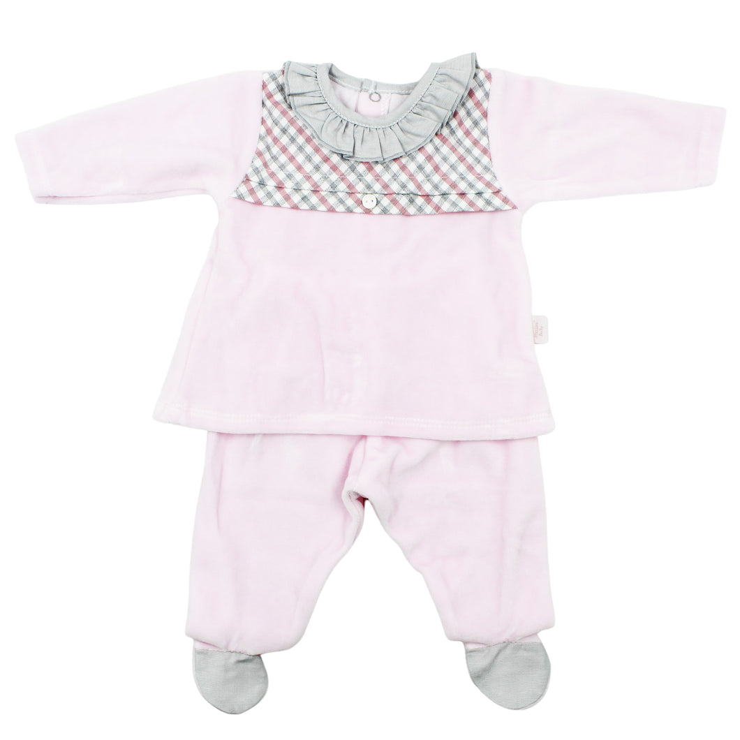 Maiorista Made in Portugal Baby Pink Plaid Shirt and Footed Pants 2-Piece Set