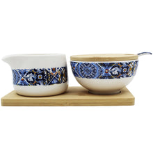 Load image into Gallery viewer, Portugal Tile Azulejo Sugar Bowl &amp; Creamer Set with Wooden Base - Various Colors
