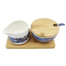 Load image into Gallery viewer, Portugal Tile Azulejo Sugar Bowl &amp; Creamer Set with Wooden Base - Various Colors
