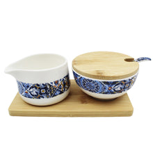 Load image into Gallery viewer, Portugal Tile Azulejo Sugar Bowl &amp; Creamer Set with Wooden Base - Various Colors
