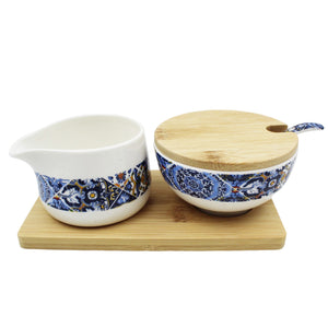 Portugal Tile Azulejo Sugar Bowl & Creamer Set with Wooden Base - Various Colors