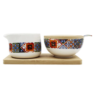 Portugal Tile Azulejo Sugar Bowl & Creamer Set with Wooden Base - Various Colors