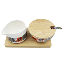 Load image into Gallery viewer, Portugal Tile Azulejo Sugar Bowl &amp; Creamer Set with Wooden Base - Various Colors
