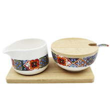 Load image into Gallery viewer, Portugal Tile Azulejo Sugar Bowl &amp; Creamer Set with Wooden Base - Various Colors
