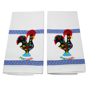 100% Cotton Embroidered Portuguese Good Luck Rooster Decorative Kitchen Dish Towel - Set of 2