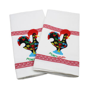 100% Cotton Embroidered Portuguese Good Luck Rooster Decorative Kitchen Dish Towel - Set of 2